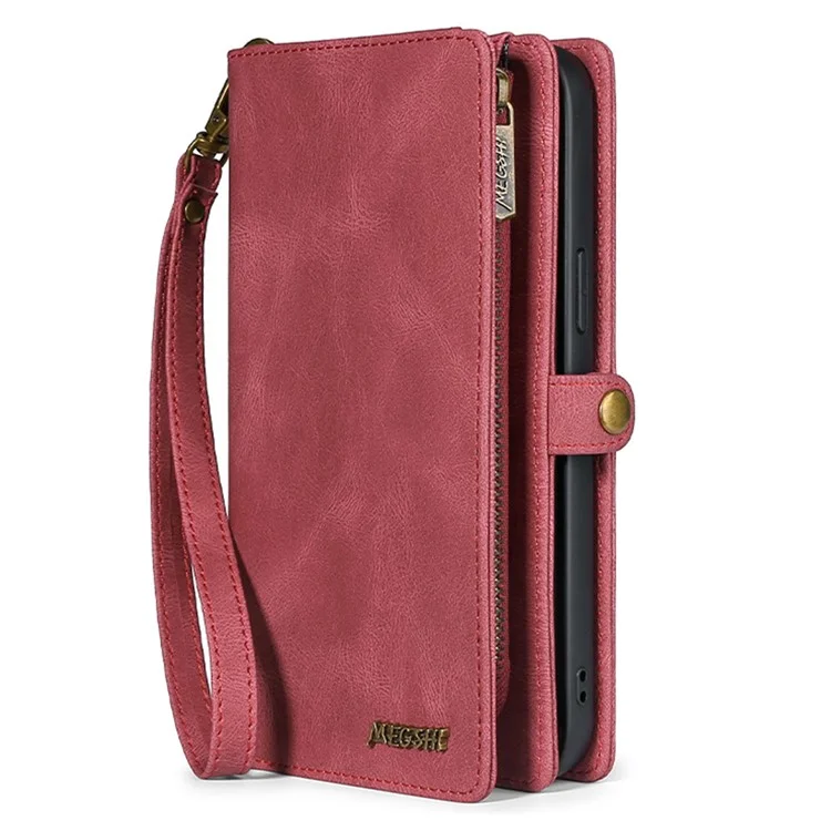 MEGSHI 017 Series For iPhone 15 Pro Max Zipper Pocket Wallet Leather Cover Magnetic Detachable Phone Case - Red