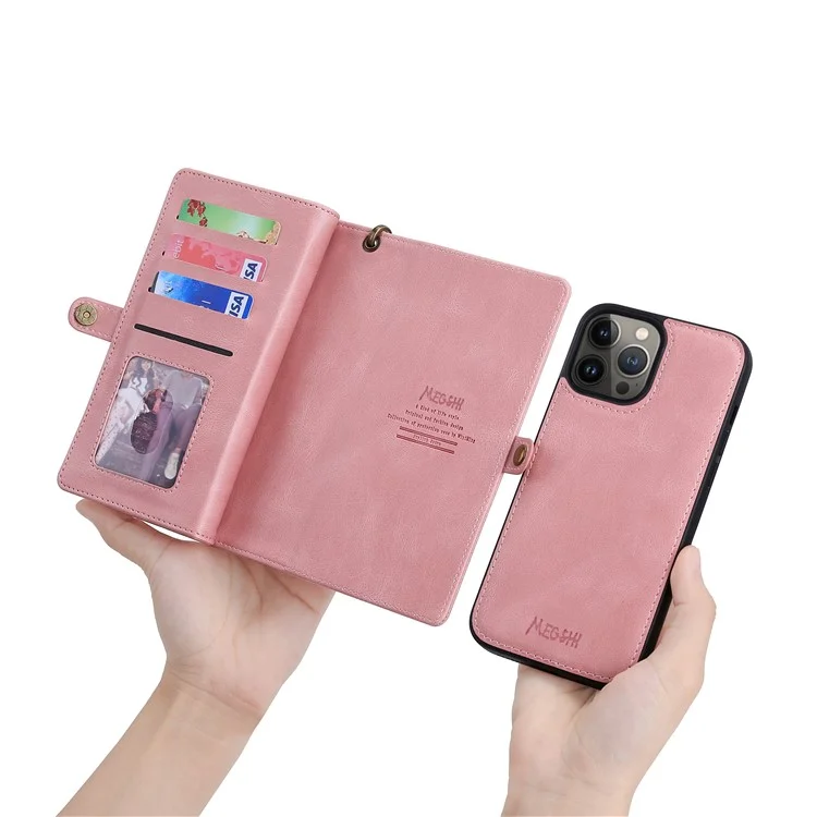 MEGSHI 017 Series For iPhone 15 Pro Zipper Pocket Leather Wallet Phone Cover Magnetic Detachable Anti-drop Case - Rose Gold