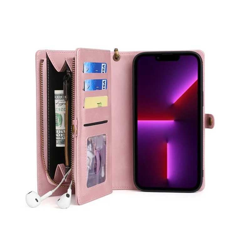 MEGSHI 017 Series For iPhone 15 Pro Zipper Pocket Leather Wallet Phone Cover Magnetic Detachable Anti-drop Case - Rose Gold