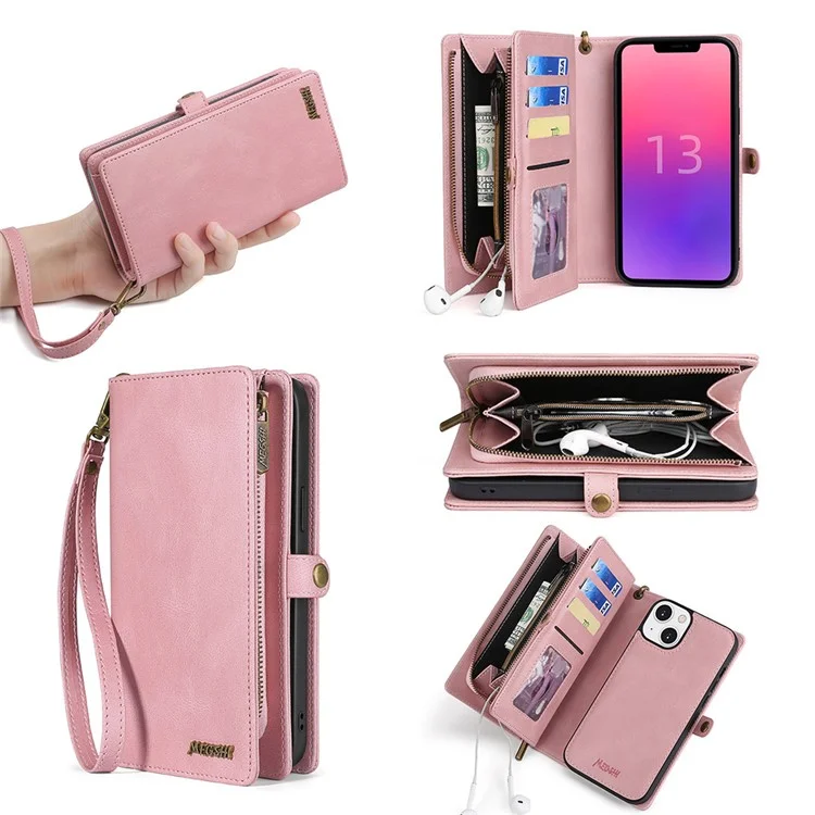 MEGSHI 017 Series For iPhone 15 Magnetic Detachable Phone Cover Zipper Wallet PU Leather Drop-proof Case - Rose Gold