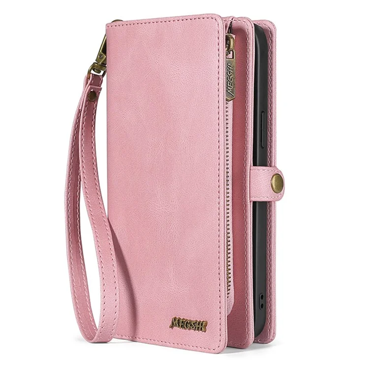 MEGSHI 017 Series For iPhone 15 Magnetic Detachable Phone Cover Zipper Wallet PU Leather Drop-proof Case - Rose Gold