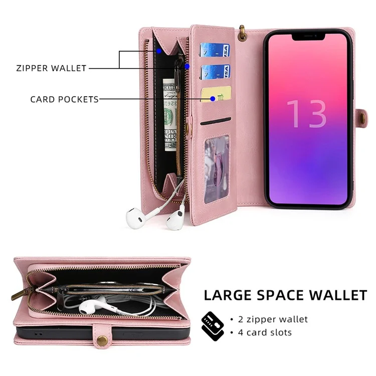MEGSHI 017 Series For iPhone 15 Magnetic Detachable Phone Cover Zipper Wallet PU Leather Drop-proof Case - Rose Gold