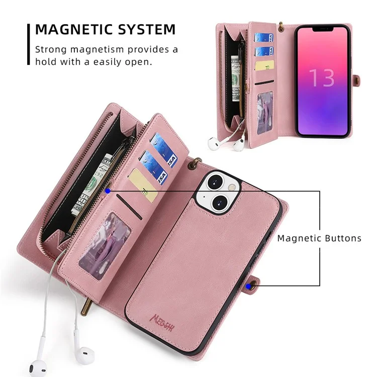 MEGSHI 017 Series For iPhone 15 Magnetic Detachable Phone Cover Zipper Wallet PU Leather Drop-proof Case - Rose Gold