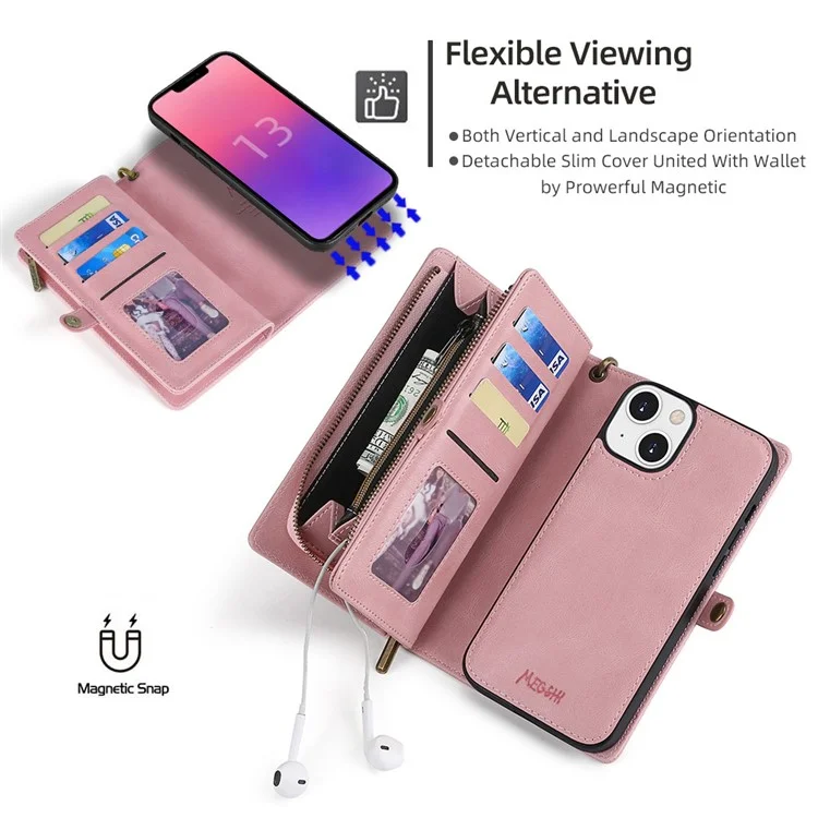 MEGSHI 017 Series For iPhone 15 Magnetic Detachable Phone Cover Zipper Wallet PU Leather Drop-proof Case - Rose Gold