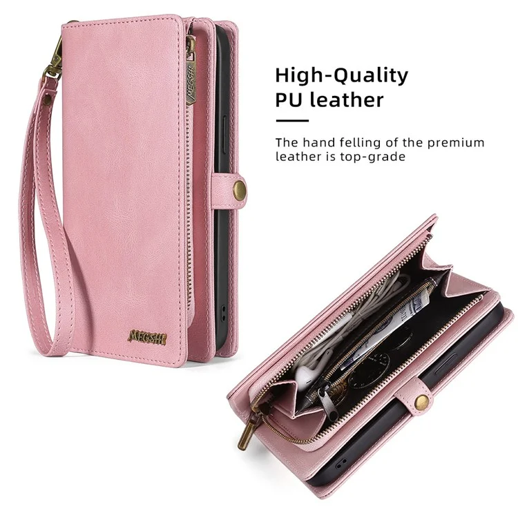 MEGSHI 017 Series For iPhone 15 Magnetic Detachable Phone Cover Zipper Wallet PU Leather Drop-proof Case - Rose Gold