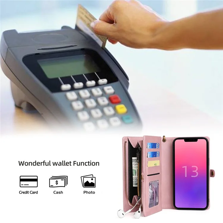 MEGSHI 017 Series For iPhone 15 Magnetic Detachable Phone Cover Zipper Wallet PU Leather Drop-proof Case - Rose Gold