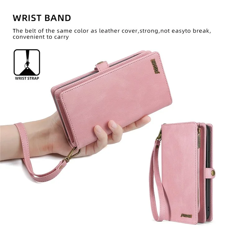 MEGSHI 017 Series For iPhone 15 Magnetic Detachable Phone Cover Zipper Wallet PU Leather Drop-proof Case - Rose Gold