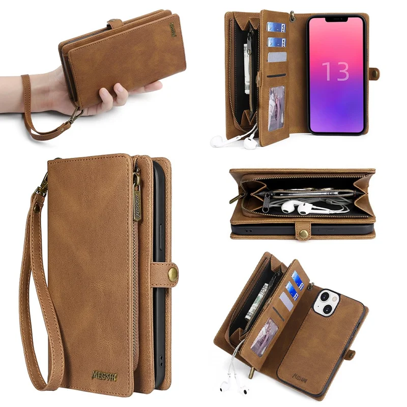 MEGSHI 017 Series For iPhone 15 Magnetic Detachable Phone Cover Zipper Wallet PU Leather Drop-proof Case - Brown