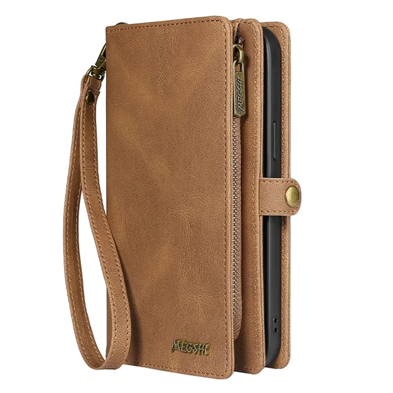 MEGSHI 017 Series For iPhone 15 Magnetic Detachable Phone Cover Zipper Wallet PU Leather Drop-proof Case - Brown