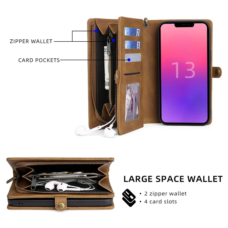 MEGSHI 017 Series For iPhone 15 Magnetic Detachable Phone Cover Zipper Wallet PU Leather Drop-proof Case - Brown