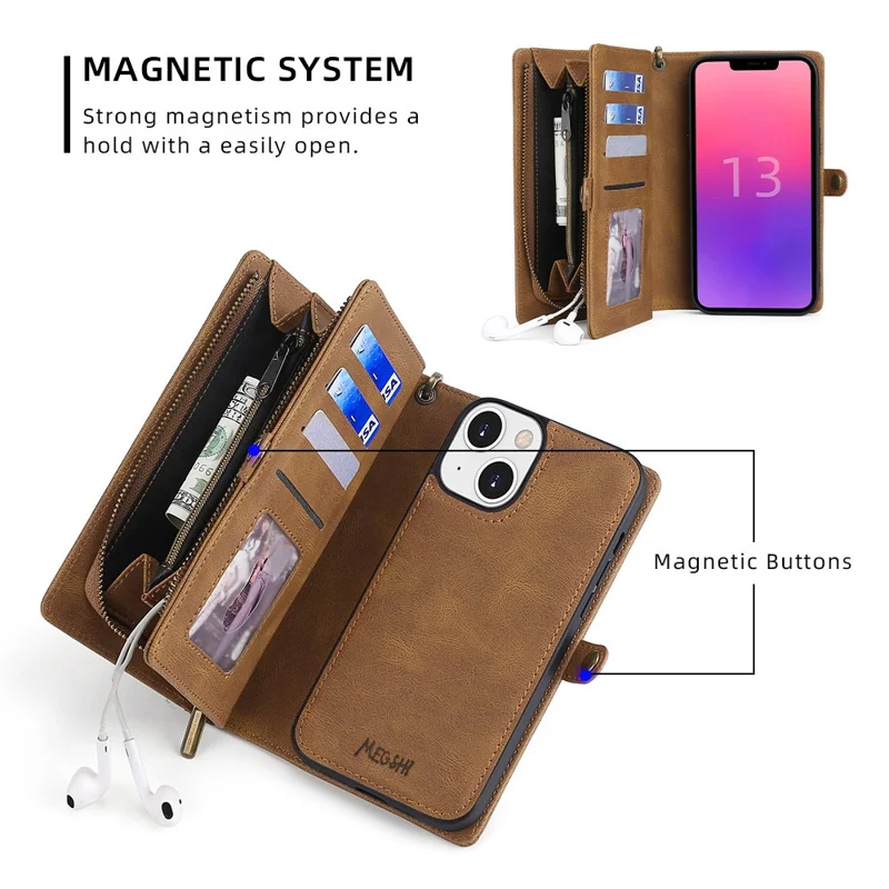 MEGSHI 017 Series For iPhone 15 Magnetic Detachable Phone Cover Zipper Wallet PU Leather Drop-proof Case - Brown