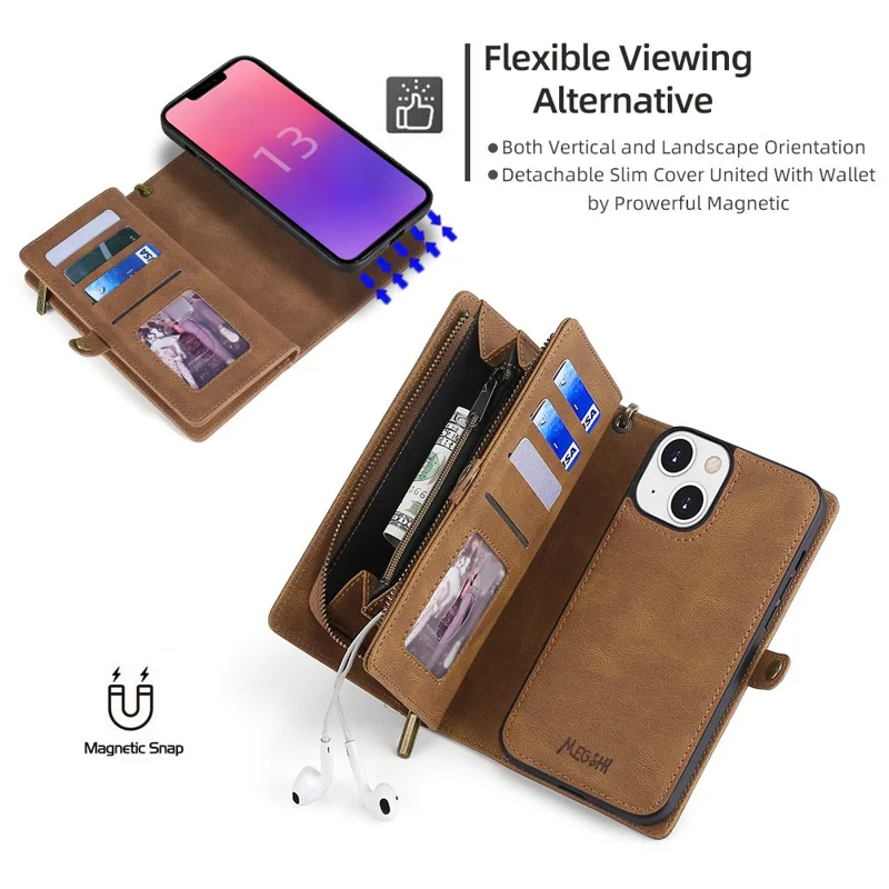 MEGSHI 017 Series For iPhone 15 Magnetic Detachable Phone Cover Zipper Wallet PU Leather Drop-proof Case - Brown
