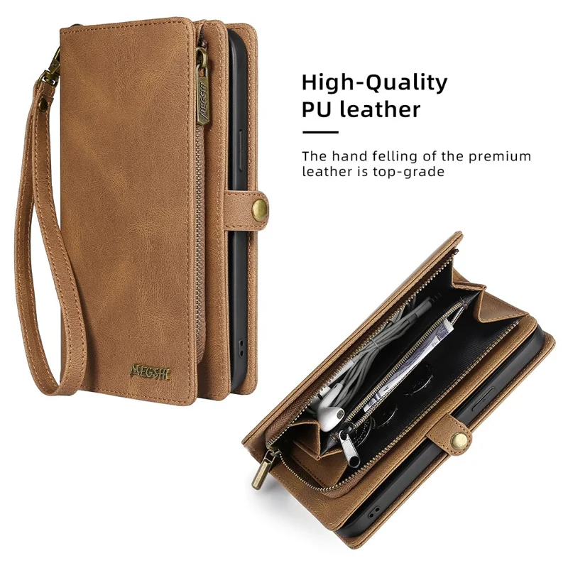 MEGSHI 017 Series For iPhone 15 Magnetic Detachable Phone Cover Zipper Wallet PU Leather Drop-proof Case - Brown