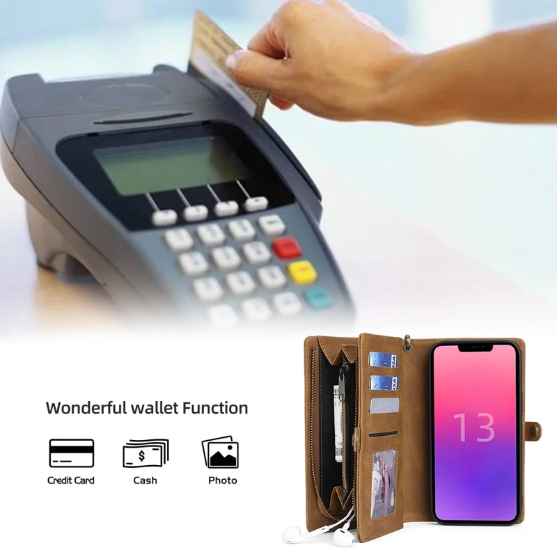 MEGSHI 017 Series For iPhone 15 Magnetic Detachable Phone Cover Zipper Wallet PU Leather Drop-proof Case - Brown