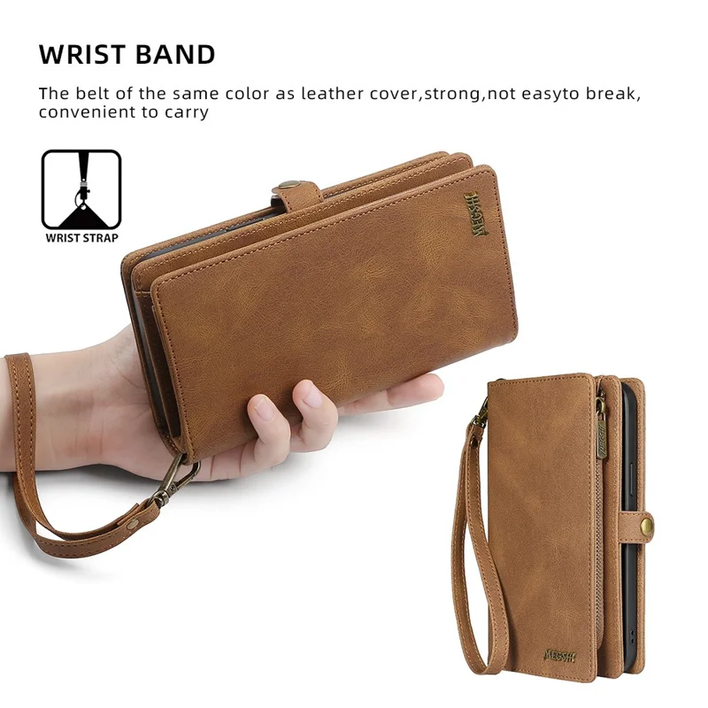 MEGSHI 017 Series For iPhone 15 Magnetic Detachable Phone Cover Zipper Wallet PU Leather Drop-proof Case - Brown