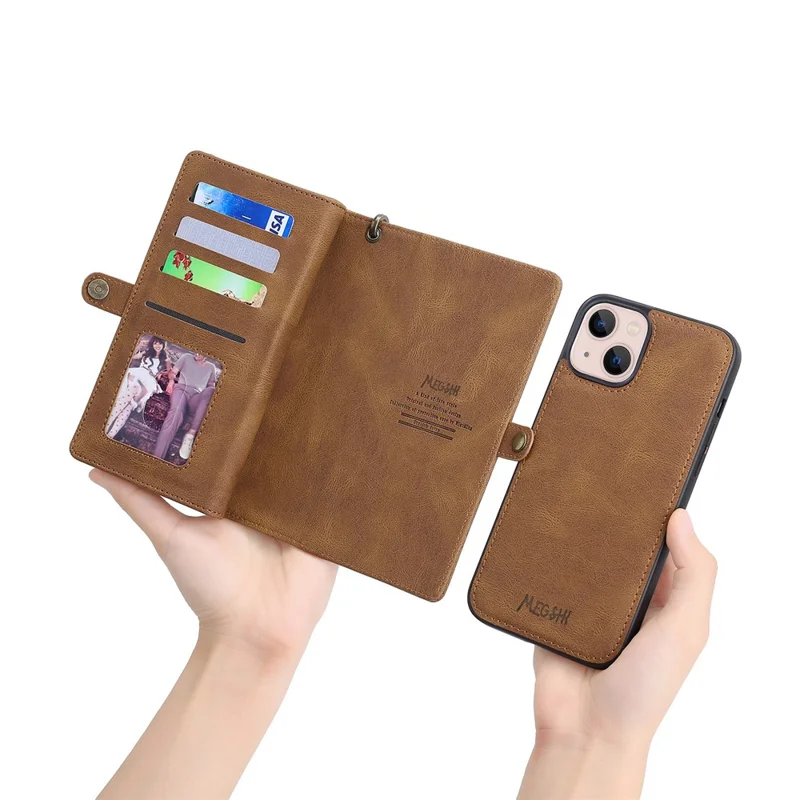 MEGSHI 017 Series For iPhone 15 Magnetic Detachable Phone Cover Zipper Wallet PU Leather Drop-proof Case - Brown