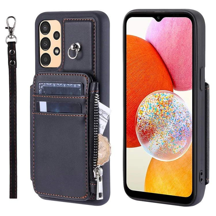 Capa de Telefone 009 para Samsung Galaxy A14 5G / A14 4G, Bloqueio RFID PU+TPU Anti-queda, Capa Carteira com Zíper e Suporte com Alça - Preto