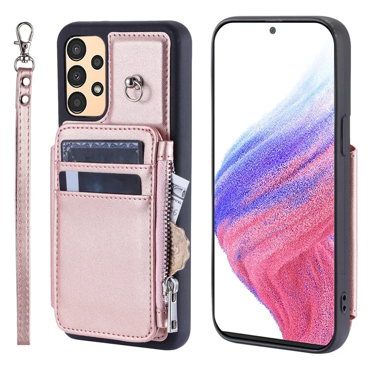 009 Anti-scratch Phone Case for Samsung Galaxy A13 4G / 5G , RFID Blocking PU+TPU Cover Kickstand Zipper Wallet Shell with Strap - Rose Gold