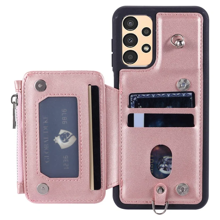 009 Anti-scratch Phone Case for Samsung Galaxy A13 4G / 5G , RFID Blocking PU+TPU Cover Kickstand Zipper Wallet Shell with Strap - Rose Gold