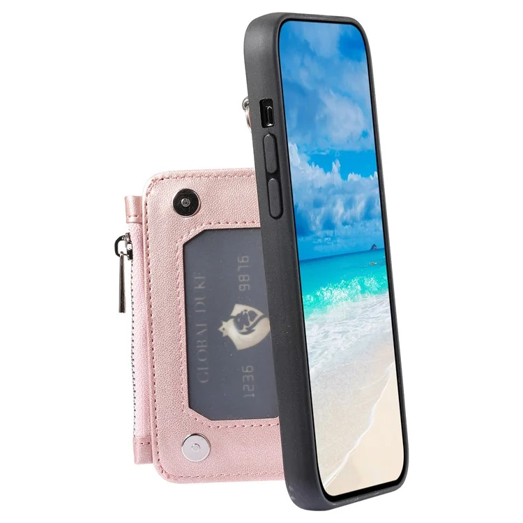 009 Anti-scratch Phone Case for Samsung Galaxy A13 4G / 5G , RFID Blocking PU+TPU Cover Kickstand Zipper Wallet Shell with Strap - Rose Gold