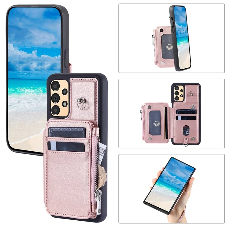 009 Anti-scratch Phone Case for Samsung Galaxy A13 4G / 5G , RFID Blocking PU+TPU Cover Kickstand Zipper Wallet Shell with Strap - Rose Gold