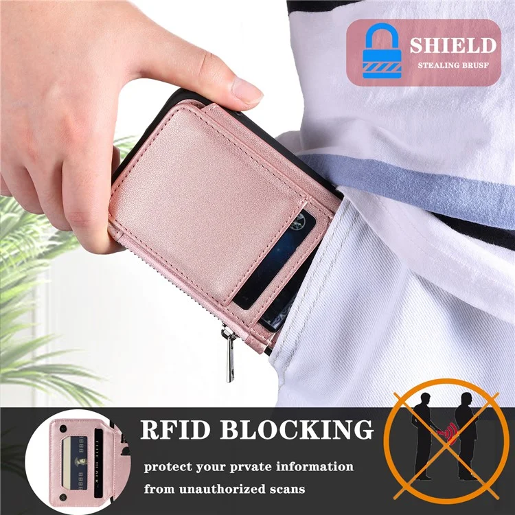 009 Anti-scratch Phone Case for Samsung Galaxy A13 4G / 5G , RFID Blocking PU+TPU Cover Kickstand Zipper Wallet Shell with Strap - Rose Gold