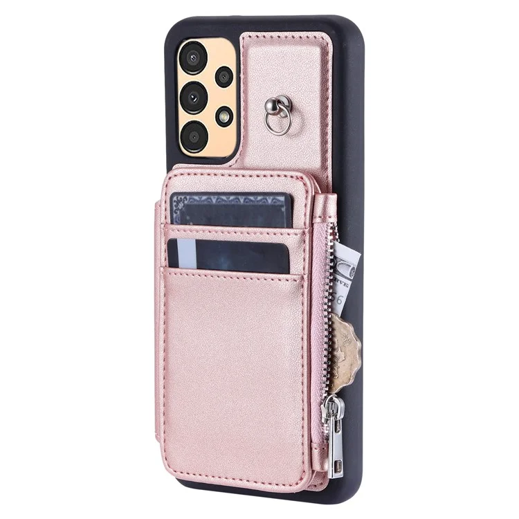 009 Anti-scratch Phone Case for Samsung Galaxy A13 4G / 5G , RFID Blocking PU+TPU Cover Kickstand Zipper Wallet Shell with Strap - Rose Gold