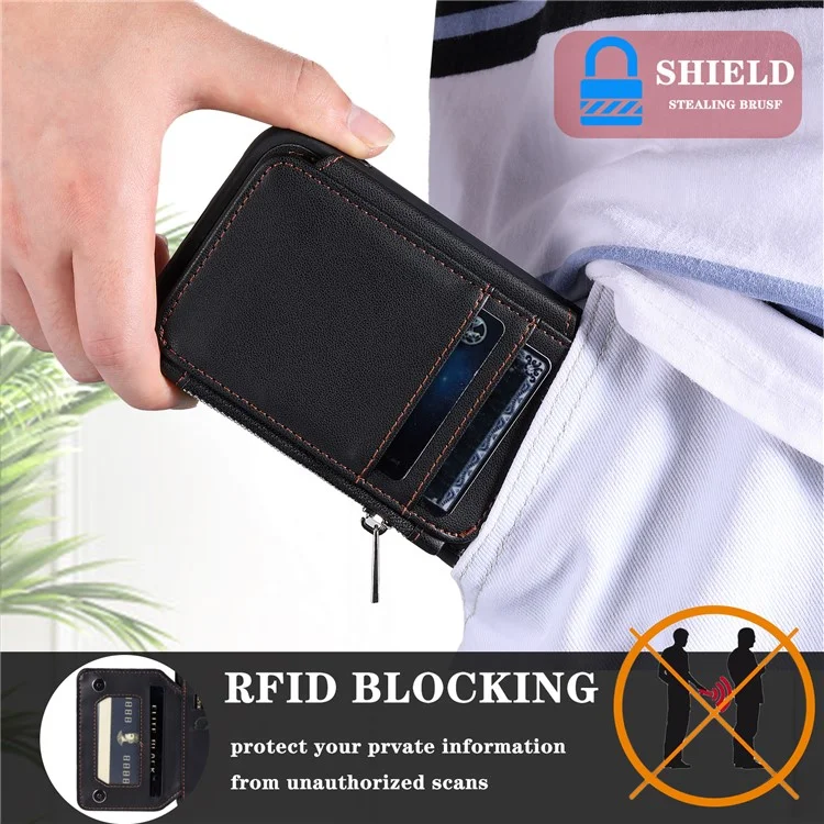 009 Pour Samsung Galaxy A52 4G / A52 5G / A52s 5G Étui de téléphone portable avec blocage RFID, housse en PU+TPU avec support, fermeture éclair et bandoulière - Noir