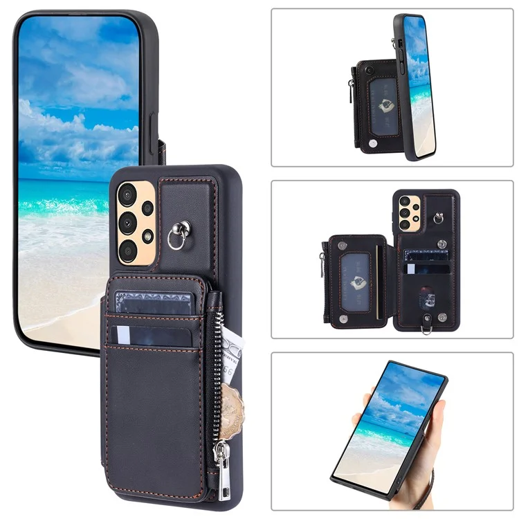 009 Pour Samsung Galaxy A52 4G / A52 5G / A52s 5G Étui de téléphone portable avec blocage RFID, housse en PU+TPU avec support, fermeture éclair et bandoulière - Noir