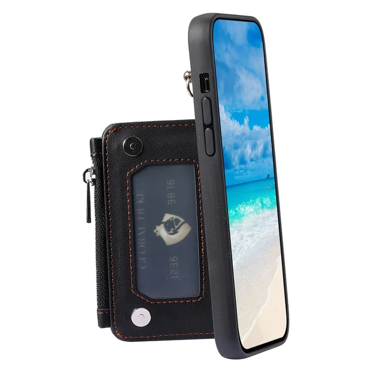 009 For iPhone 6 / 6s / 7 / 8 / SE (2020) / SE (2022) Back Shell RFID Blocking Zipper Wallet Case PU Leather+TPU Kickstand Phone Cover with Straps - Black