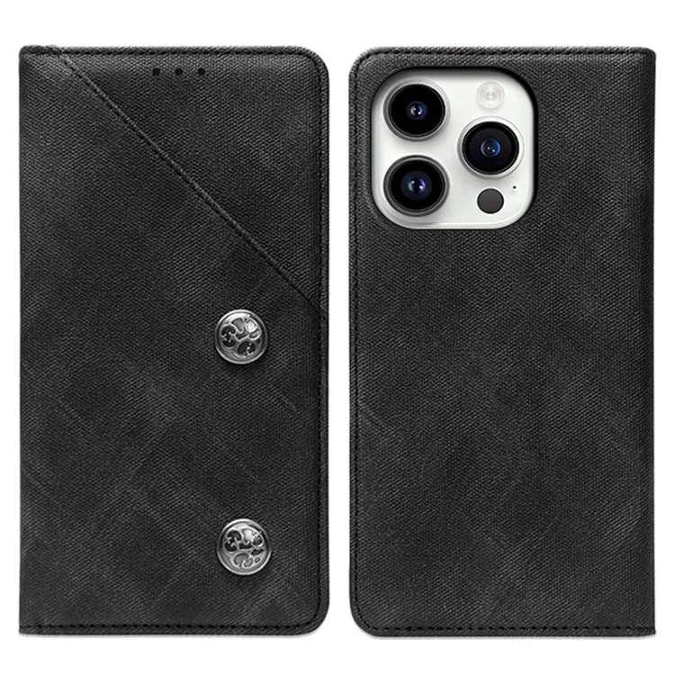 IDEWEI Retro Texture Phone Case for iPhone 15 Pro, Funda de Teléfono de Cuero Magnética con Ranura para Tarjeta - Negro