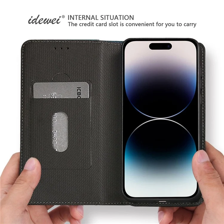IDEWEI Retro Texture Phone Case for iPhone 15 Pro, Funda de Teléfono de Cuero Magnética con Ranura para Tarjeta - Negro
