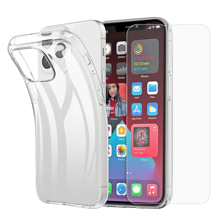 For iPhone 15 Flexible TPU Clear Anti-scratch Phone Case with 2.5D Arc Edge Tempered Glass Screen Film