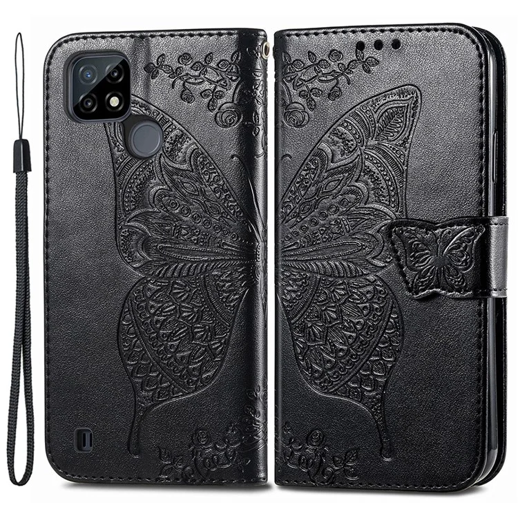 Para Realme C21Y / C25Y Butterfly Imprint Stand Wallet Case PU Leather Anti-fall Phone Cover - Negro