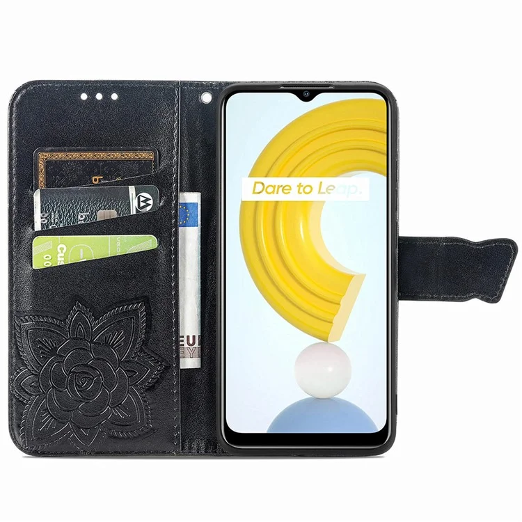 Para Realme C21Y / C25Y Butterfly Imprint Stand Wallet Case PU Leather Anti-fall Phone Cover - Negro