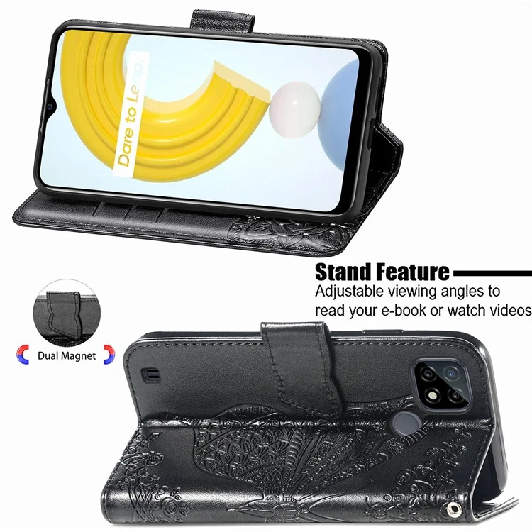Para Realme C21Y / C25Y Butterfly Imprint Stand Wallet Case PU Leather Anti-fall Phone Cover - Negro