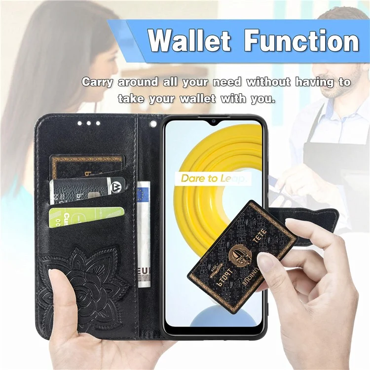 Para Realme C21Y / C25Y Butterfly Imprint Stand Wallet Case PU Leather Anti-fall Phone Cover - Negro