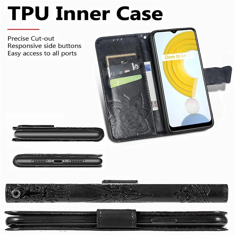 Para Realme C21Y / C25Y Butterfly Imprint Stand Wallet Case PU Leather Anti-fall Phone Cover - Negro