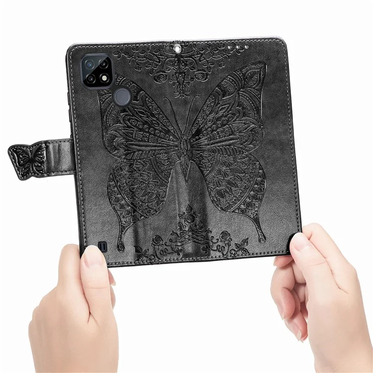 Para Realme C21Y / C25Y Butterfly Imprint Stand Wallet Case PU Leather Anti-fall Phone Cover - Negro