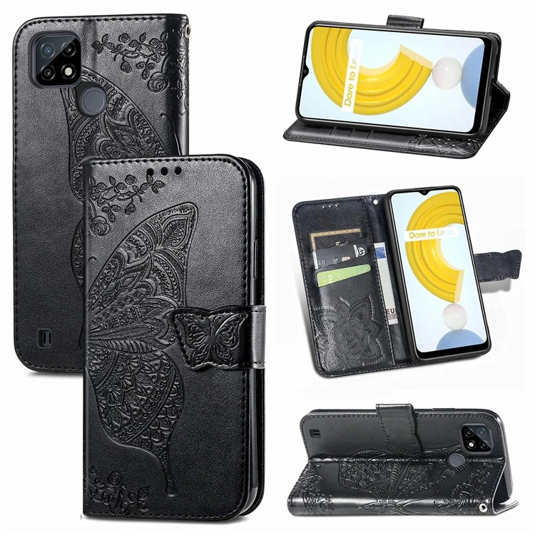 Para Realme C21Y / C25Y Butterfly Imprint Stand Wallet Case PU Leather Anti-fall Phone Cover - Negro