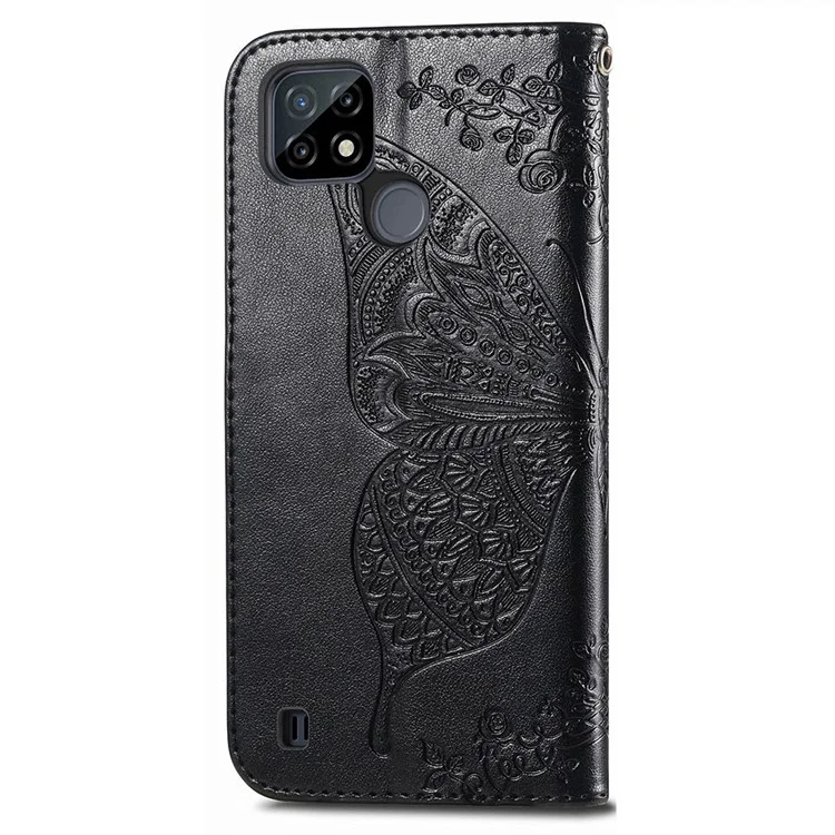 Para Realme C21Y / C25Y Butterfly Imprint Stand Wallet Case PU Leather Anti-fall Phone Cover - Negro