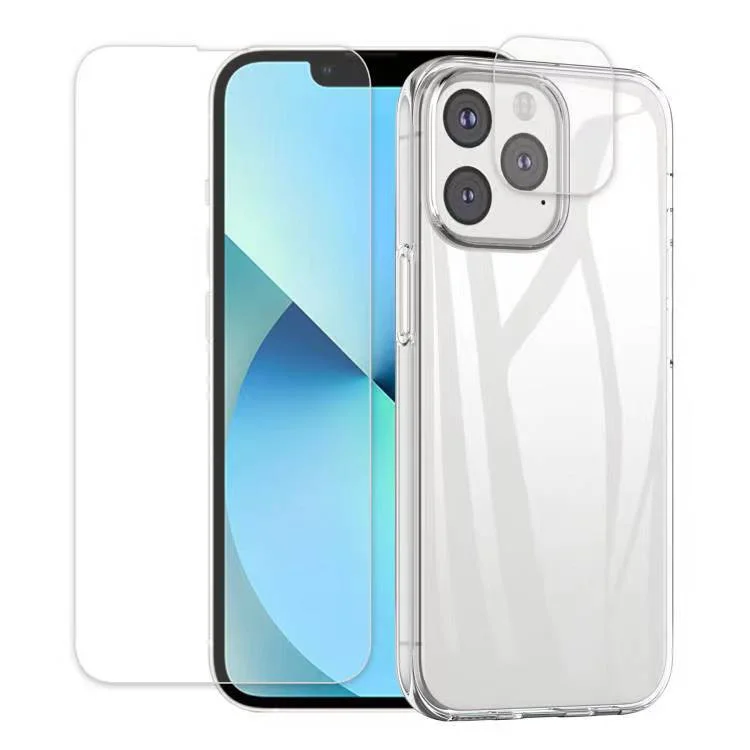 Für iPhone 15 Pro TPU Clear Phone Case + Tempered Glass Lens Protector + 2.5D Arc Edge Screen Protector