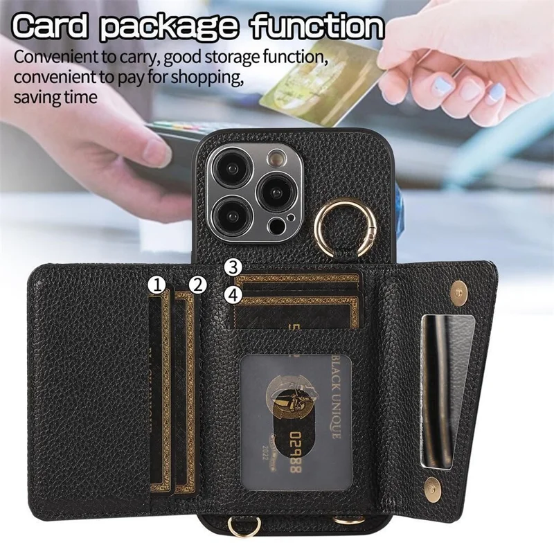 Card Holder Kickstand Cover for iPhone 15 Pro Max Anti-Drop PU+PC+TPU Phone Case with Makeup Mirror, Shoulder Strap - Black