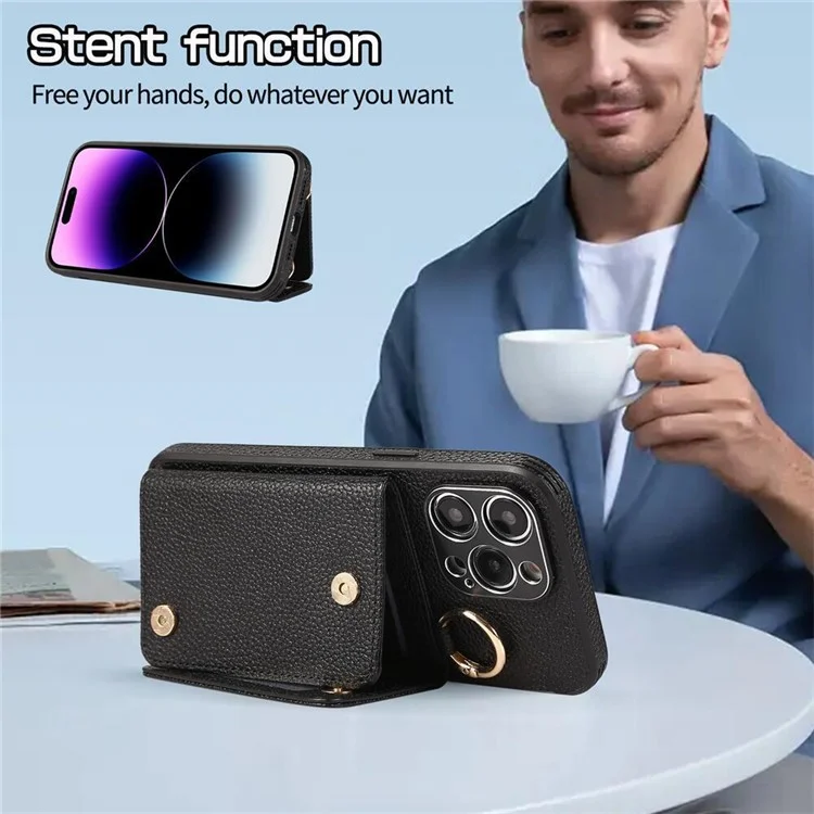 Card Holder Kickstand Cover for iPhone 15 Pro Max Anti-Drop PU+PC+TPU Phone Case with Makeup Mirror, Shoulder Strap - Black