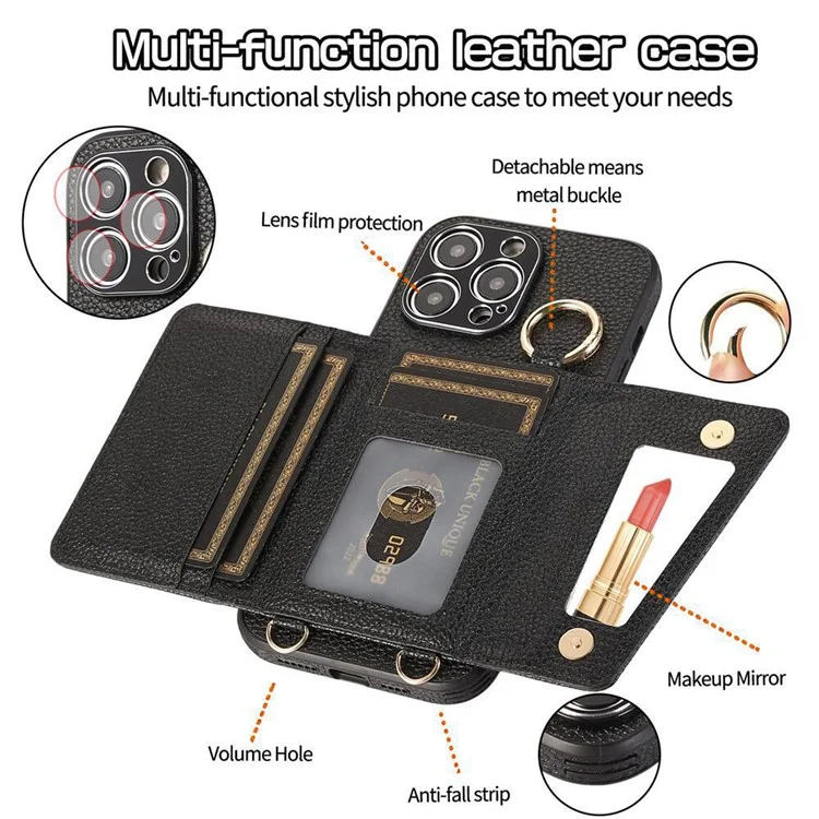 Card Holder Kickstand Cover for iPhone 15 Pro Max Anti-Drop PU+PC+TPU Phone Case with Makeup Mirror, Shoulder Strap - Black