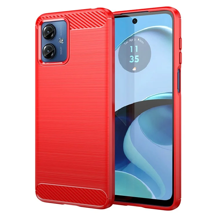 Soft TPU Brushed Cover for Motorola Moto G14 4G , Carbon Fiber Texture Phone Case - Red