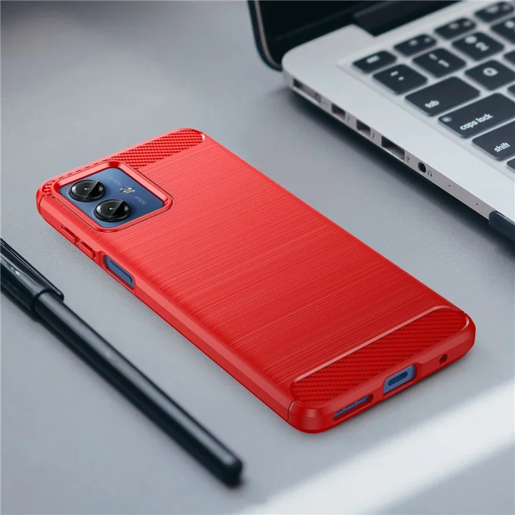 Soft TPU Brushed Cover for Motorola Moto G14 4G , Carbon Fiber Texture Phone Case - Red
