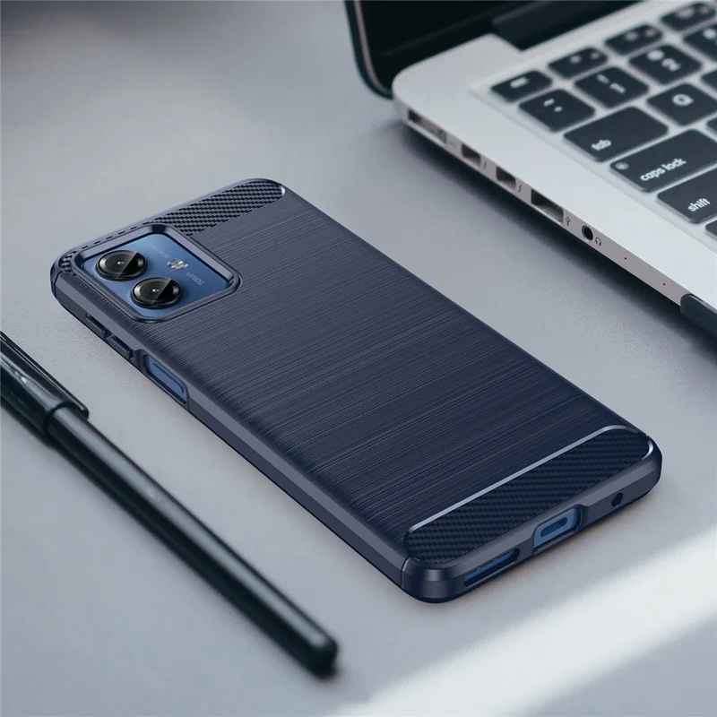 Soft TPU Brushed Cover for Motorola Moto G14 4G , Carbon Fiber Texture Phone Case - Blue