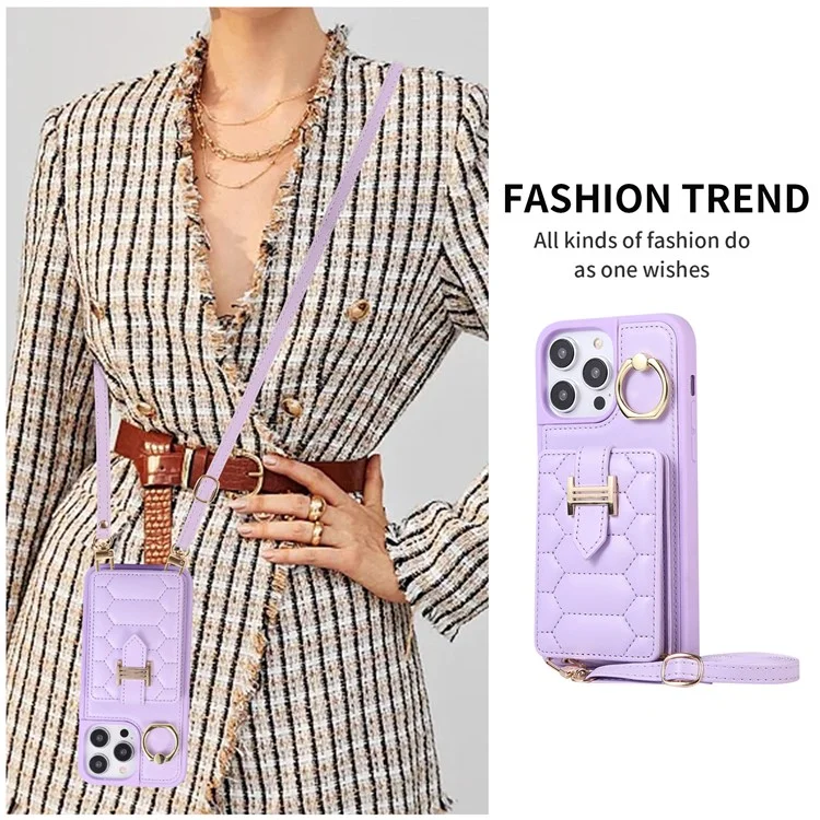 For iPhone 15 Pro PU Leather+TPU Cover Phone Shell Card Holder Cell Phone Cover with Ring Holder Kickstand - Light Purple