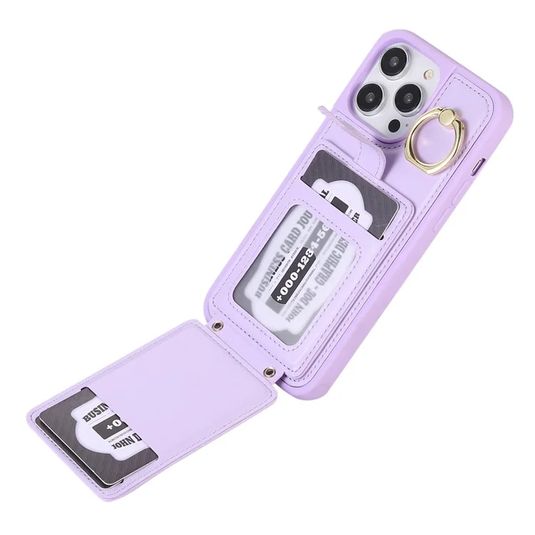 For iPhone 15 Pro PU Leather+TPU Cover Phone Shell Card Holder Cell Phone Cover with Ring Holder Kickstand - Light Purple